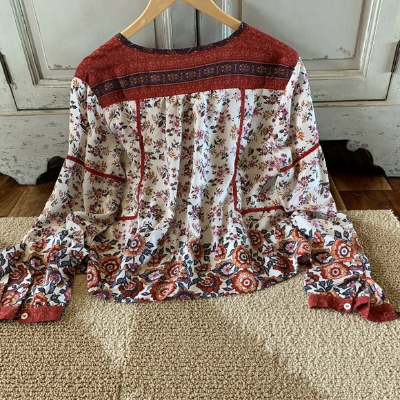 New Boho Vintage Floral Gypsy Tassel Tie Blouse - Picture 4 of 8